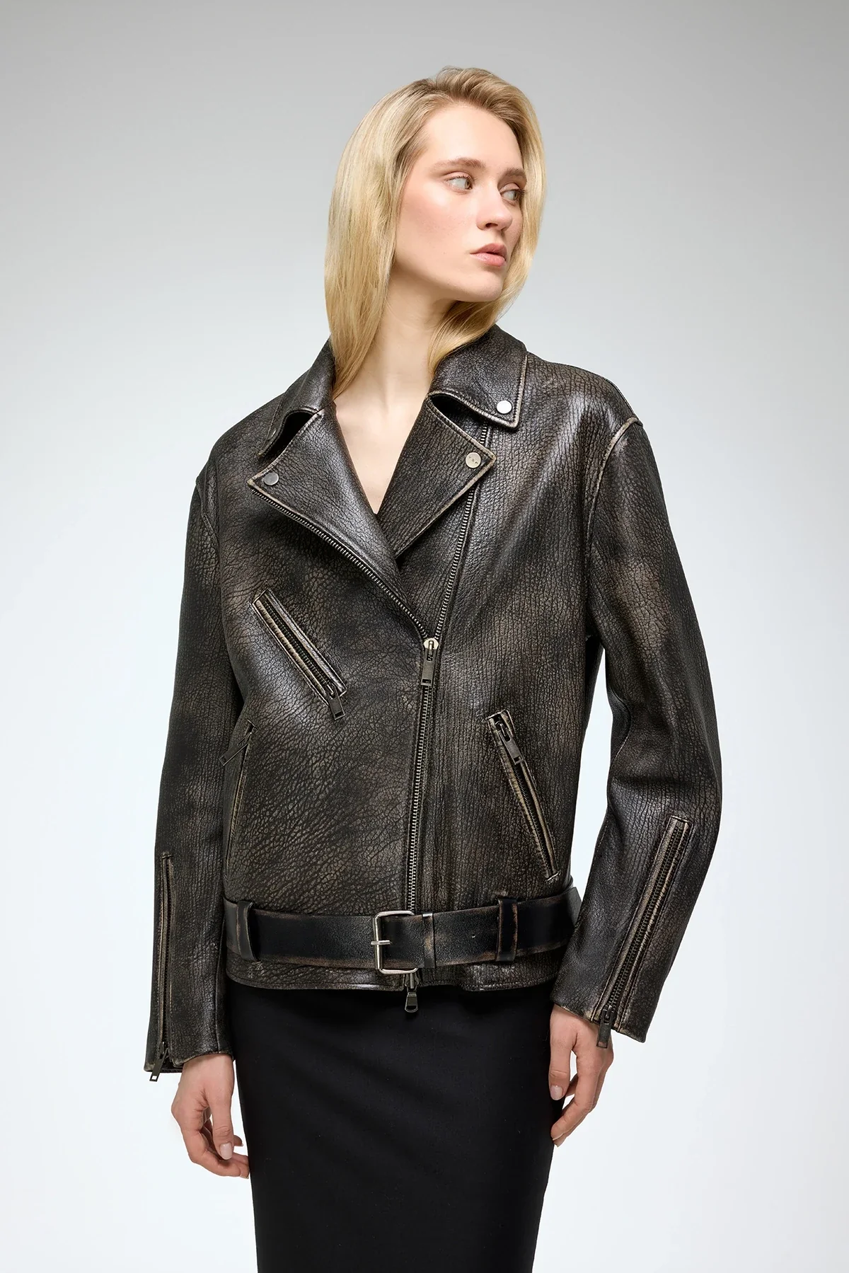 Marielle - Brown Anthracite Leather Jacket - Image 5